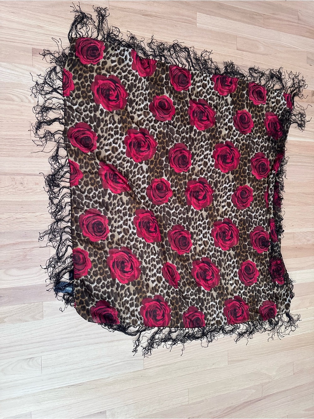Express Red Rose Leopard Print Fringed Scarf